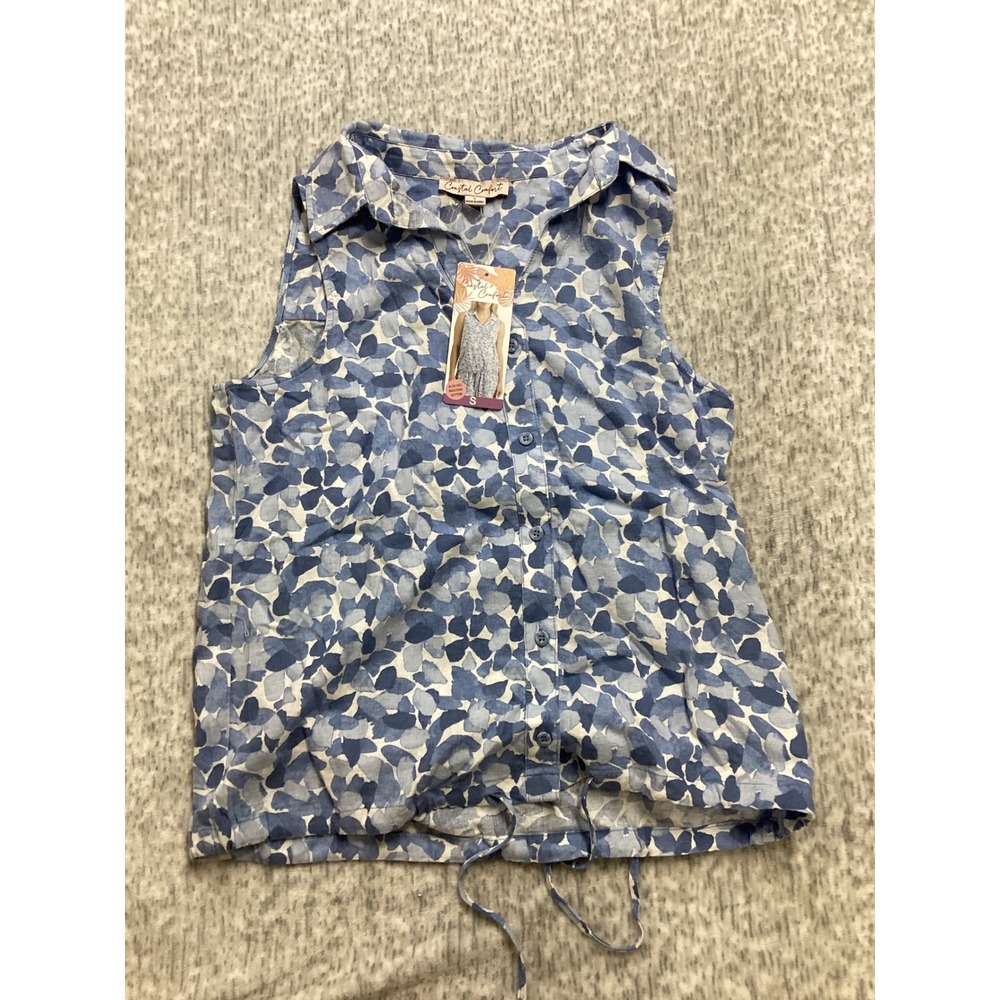 Coastal Comfort Womens Blue Floral Linen Blend Sleeveless Button Front Top S